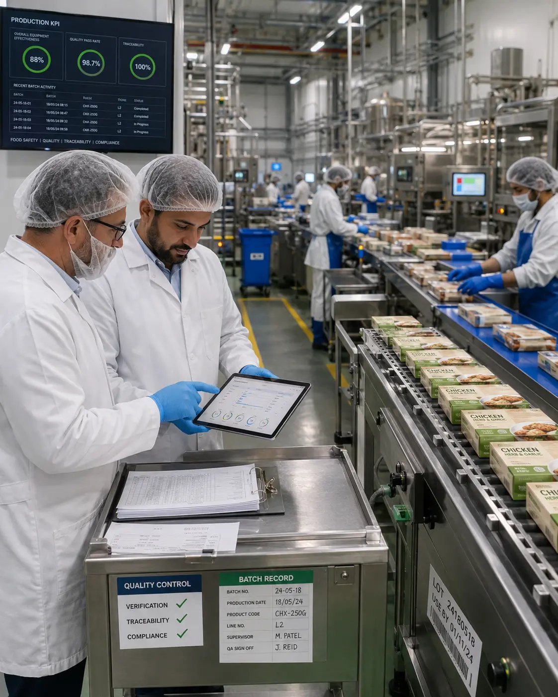 Food manufacturing quality team reviewing food safety records
