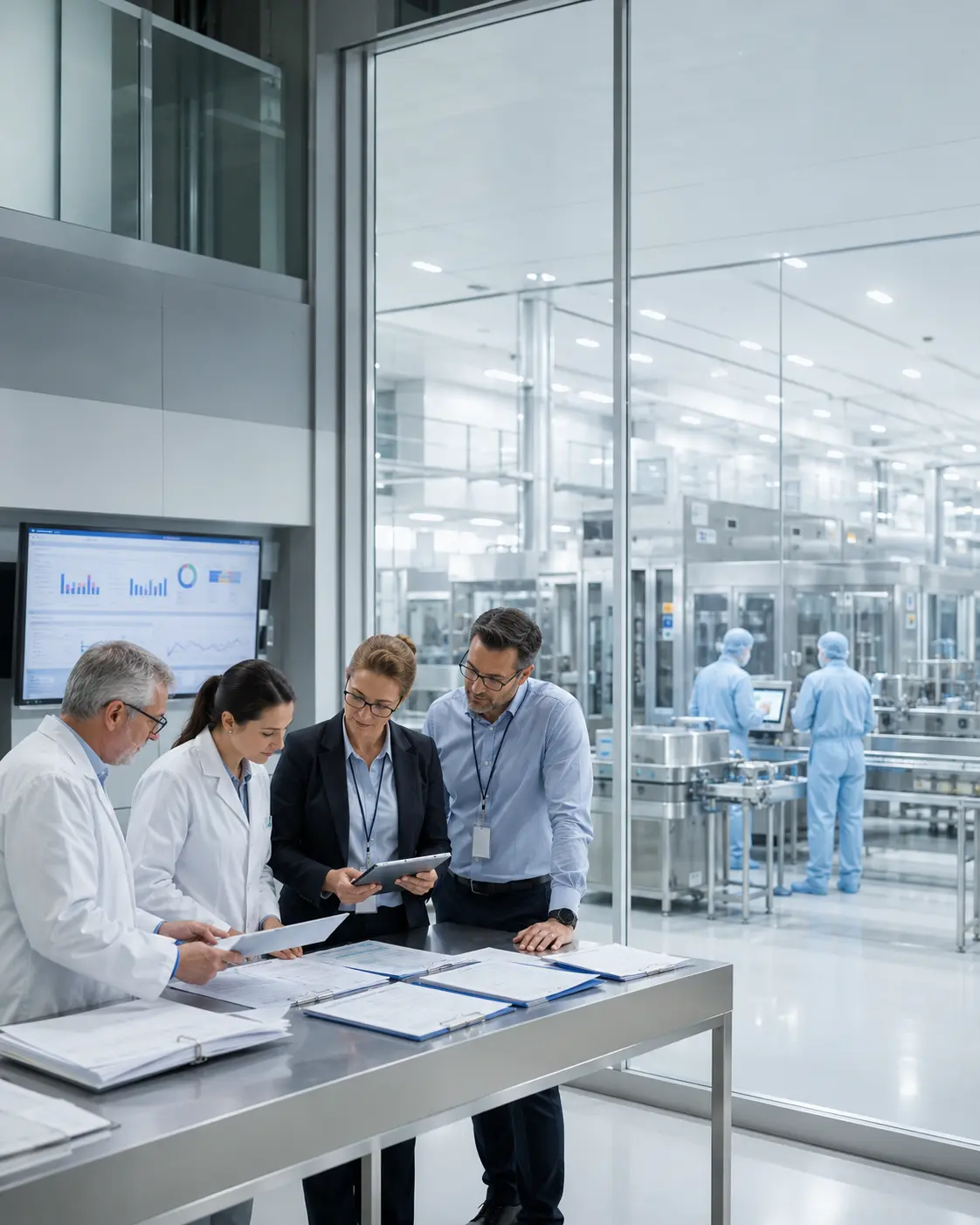 Pharmaceutical quality team reviewing batch records, CAPA status, supplier evidence, and ISO audit readiness dashboard in a clean manufacturing facility